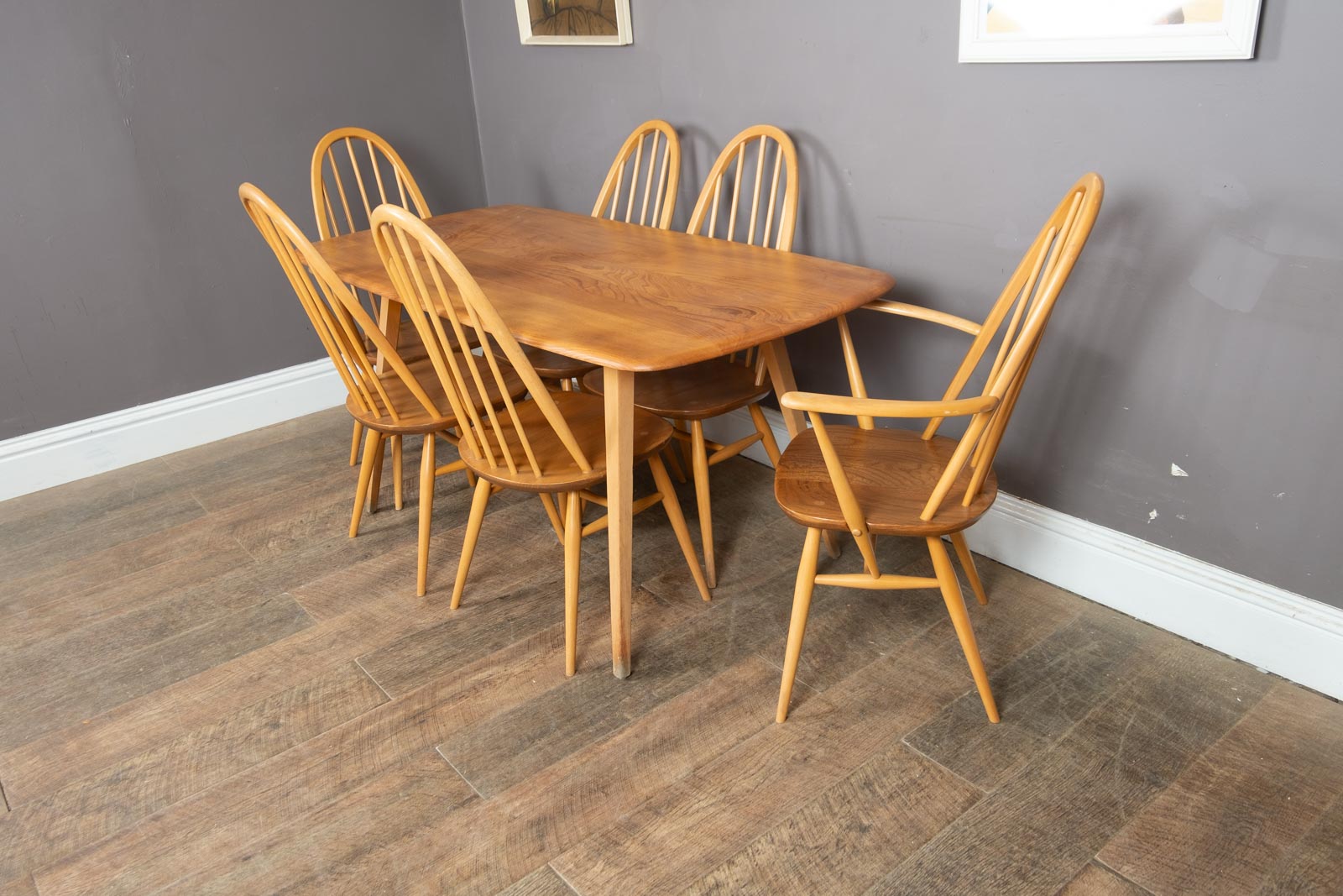 Ercol Light Elm Plank Dining Table and Quaker Chairs Diners