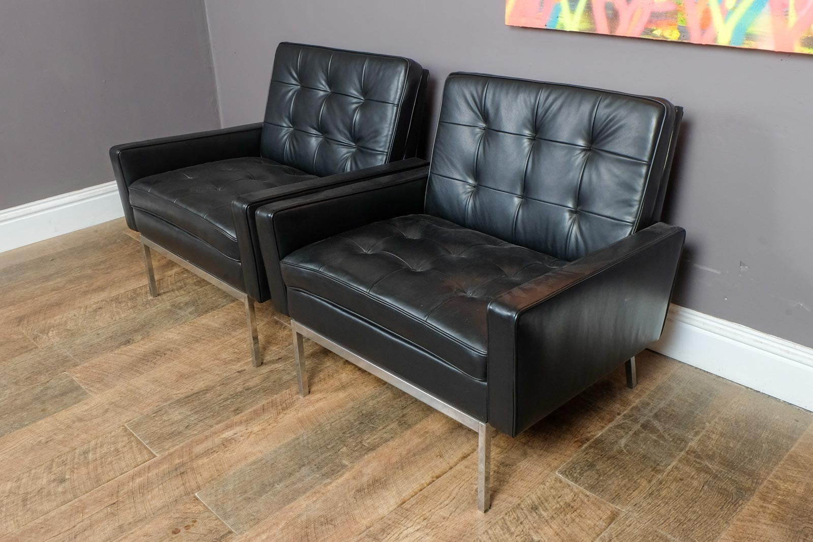 Pair of Florence Knoll Black Leather Lounge chairs model 65A