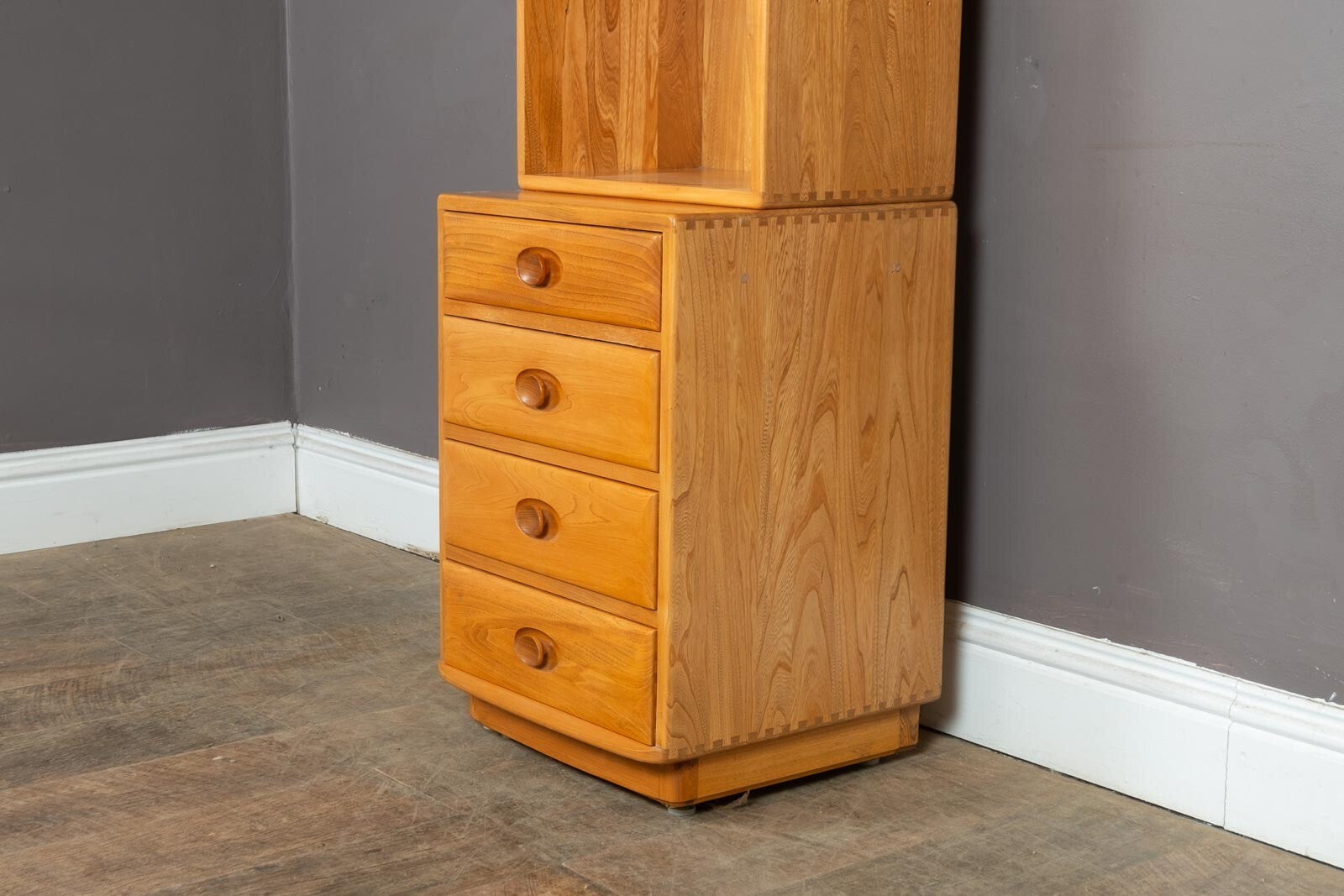 Vintage Ercol Light Elm 2 Part Drawer Unit Display Cabinet