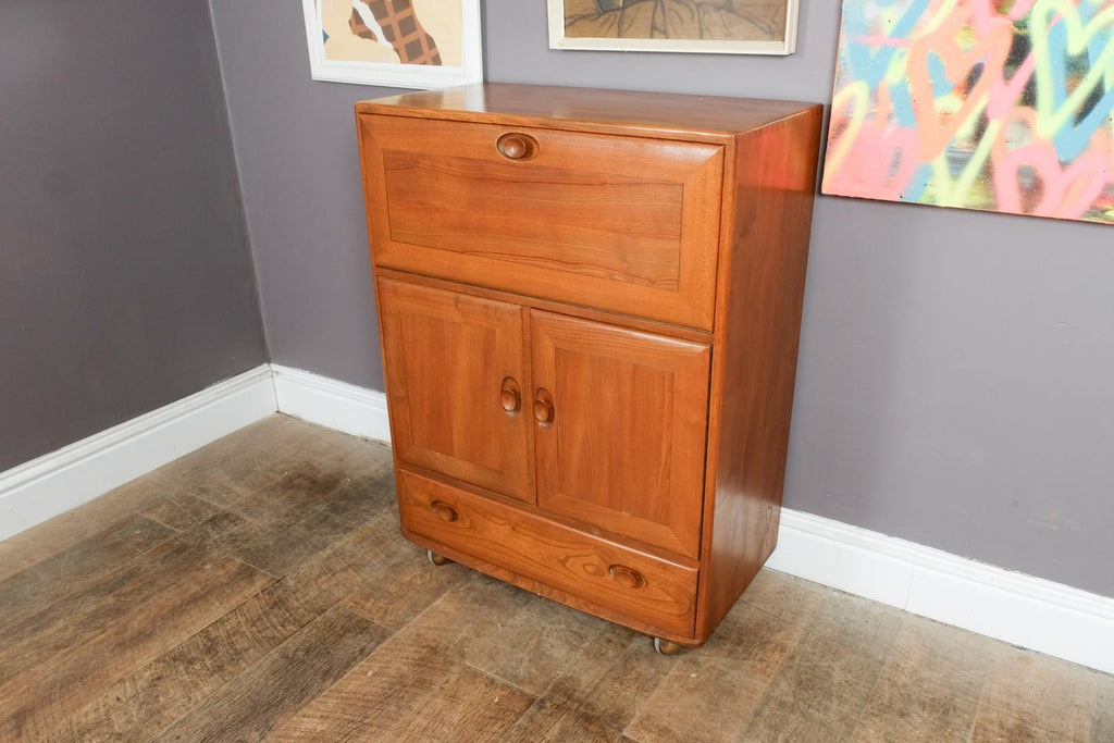 Vintage Ercol Model 469 Elm Bureau Serving Cabinet Drinks Cabinet Light Elm