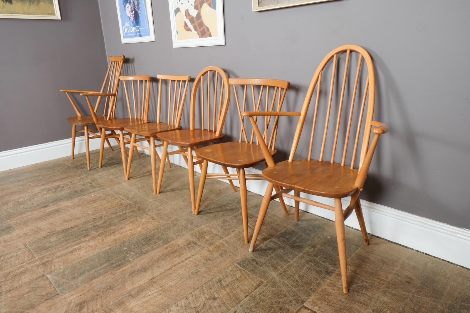 Vintage Retro Light Elm Dining Table and 6 Ercol Chairs