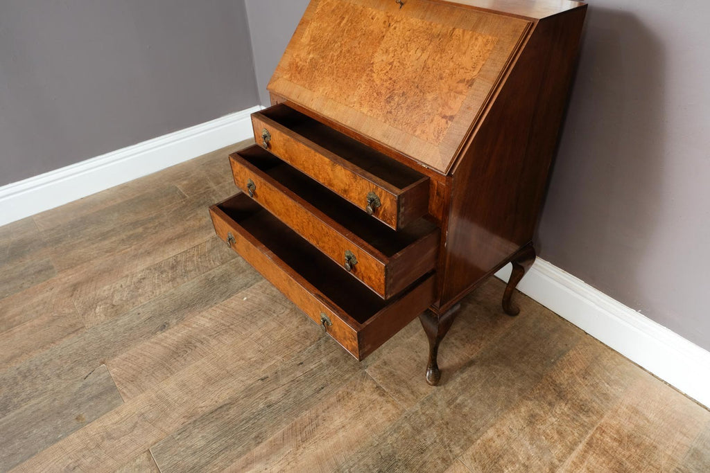 Vintage Queen Anne Style Burr Walnut Bureau
