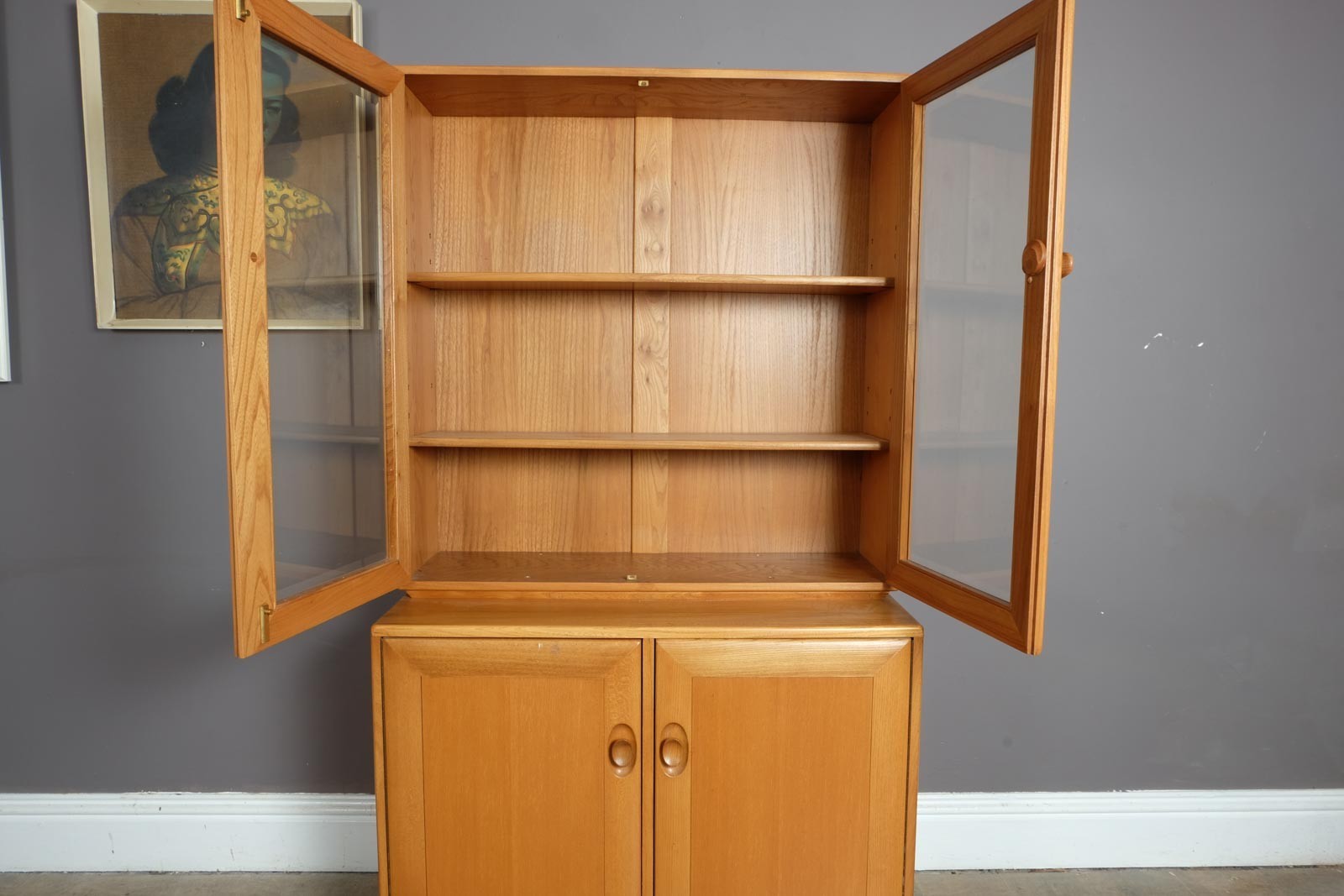 Vintage Ercol Light Elm Display Cabinet Sideboard Wall Unit