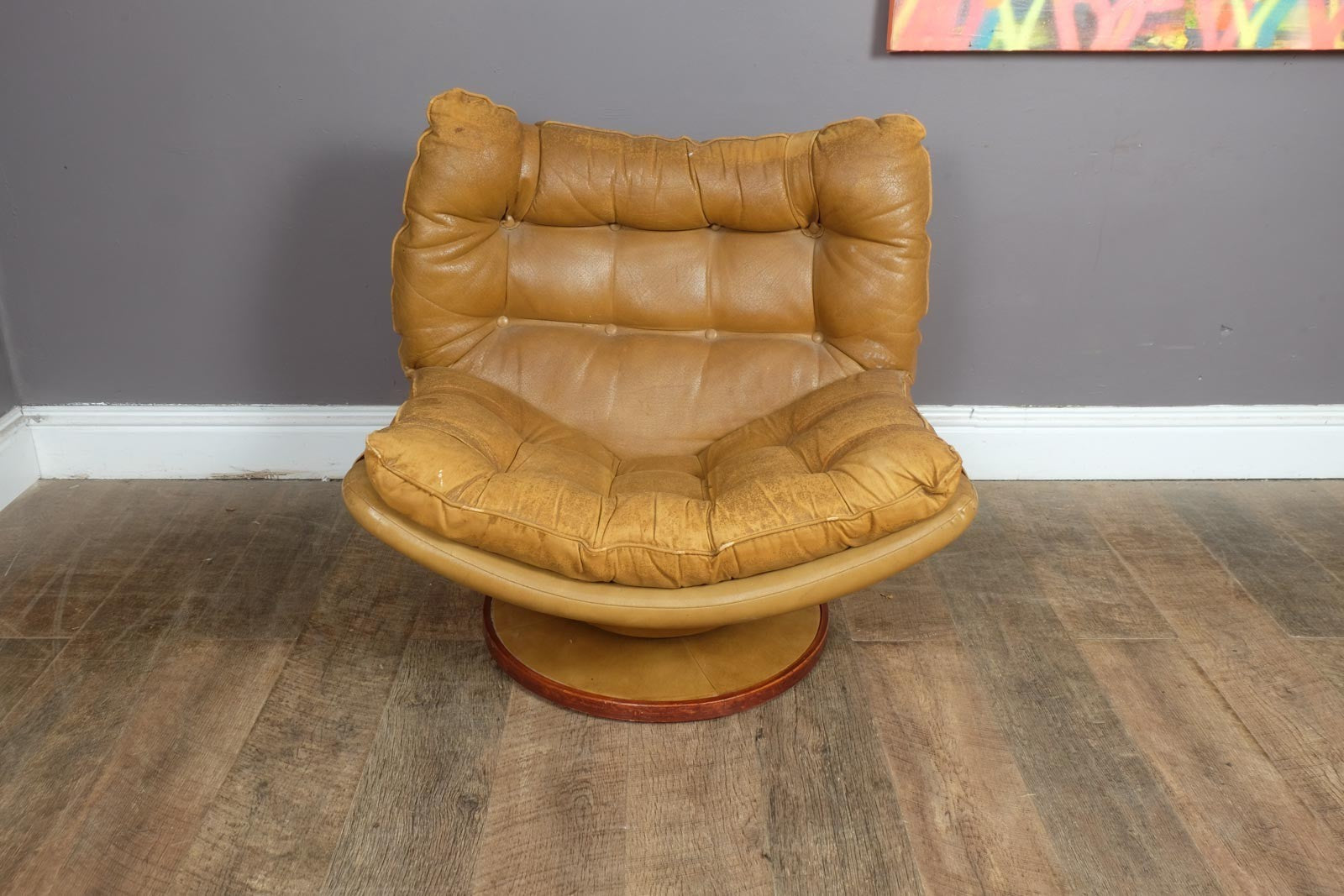 Vintage Retro Mid Century Distressed Leather Swivel Armchair