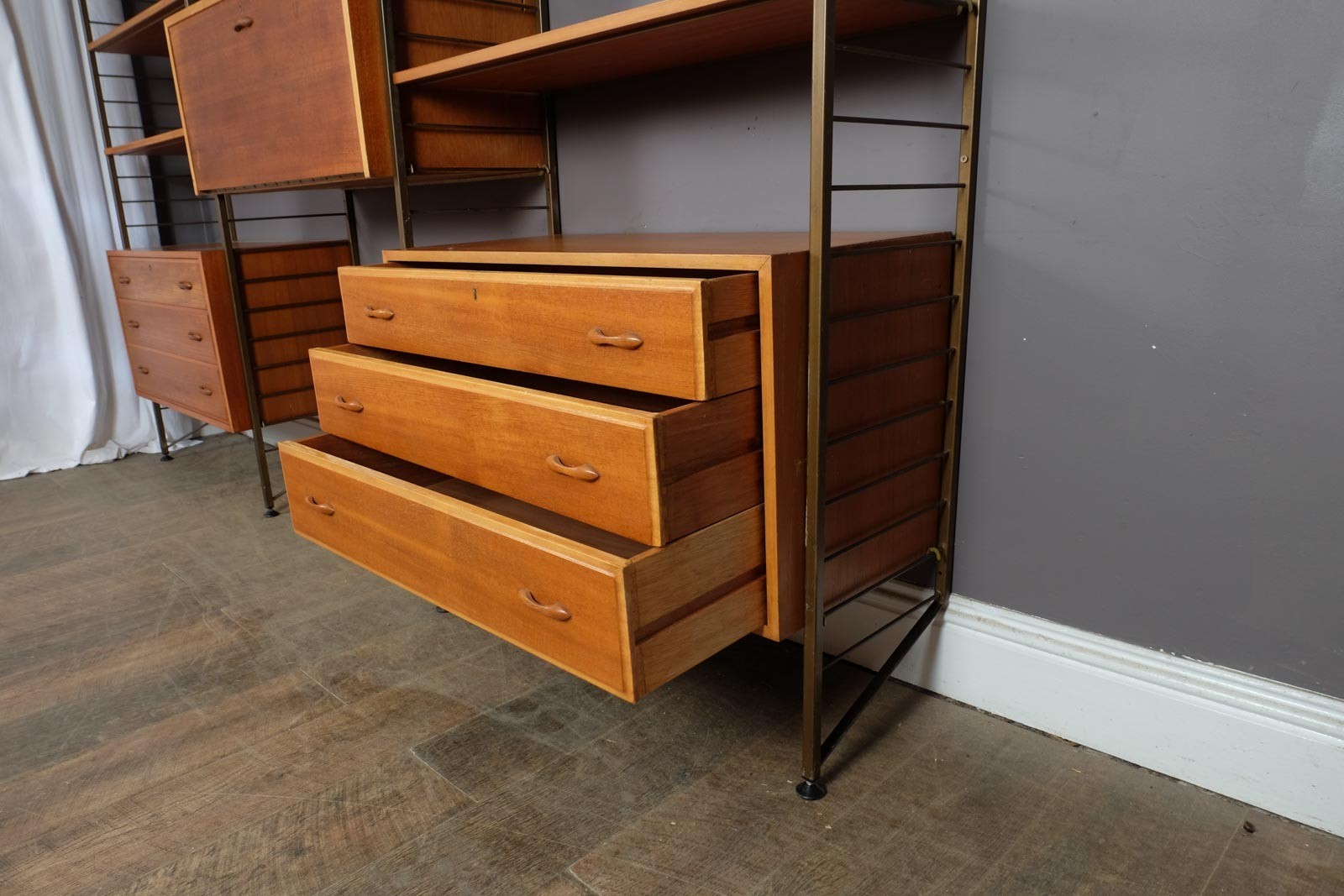 3 Bays Mid Century Modern Ladderax Shelving System with Gold Ladders