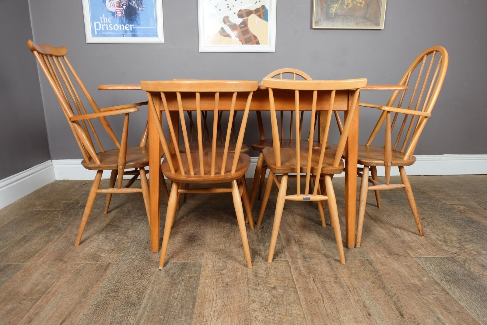 Vintage Retro Light Elm Dining Table and 6 Ercol Chairs