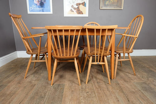 Vintage Retro Light Elm Dining Table and 6 Ercol Chairs