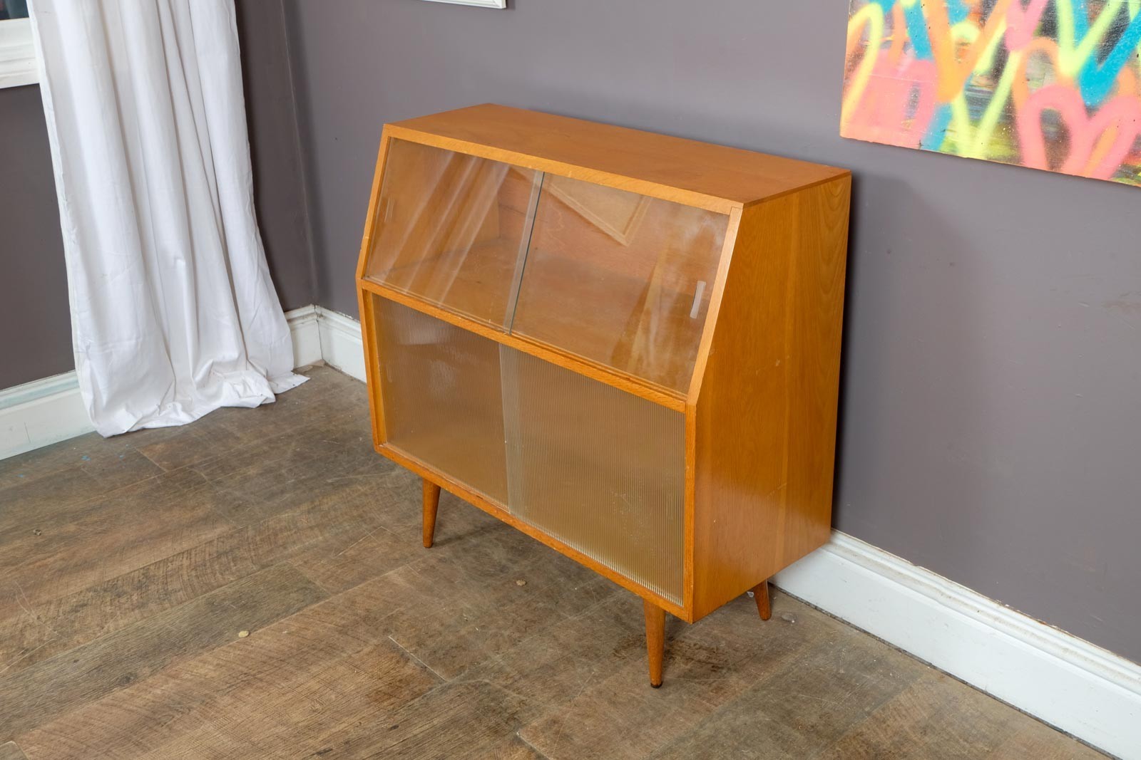 Vintage Mid Century Light Oak Record Cabinet