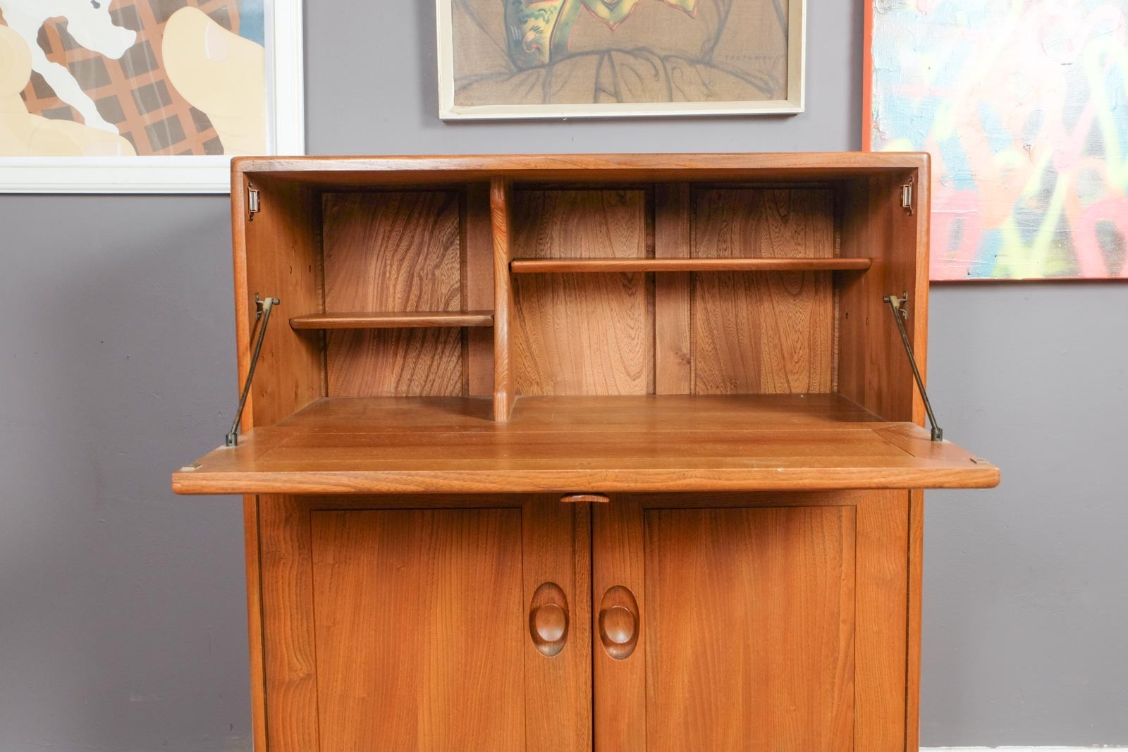 Vintage Ercol Model 469 Elm Bureau Serving Cabinet Drinks Cabinet Light Elm