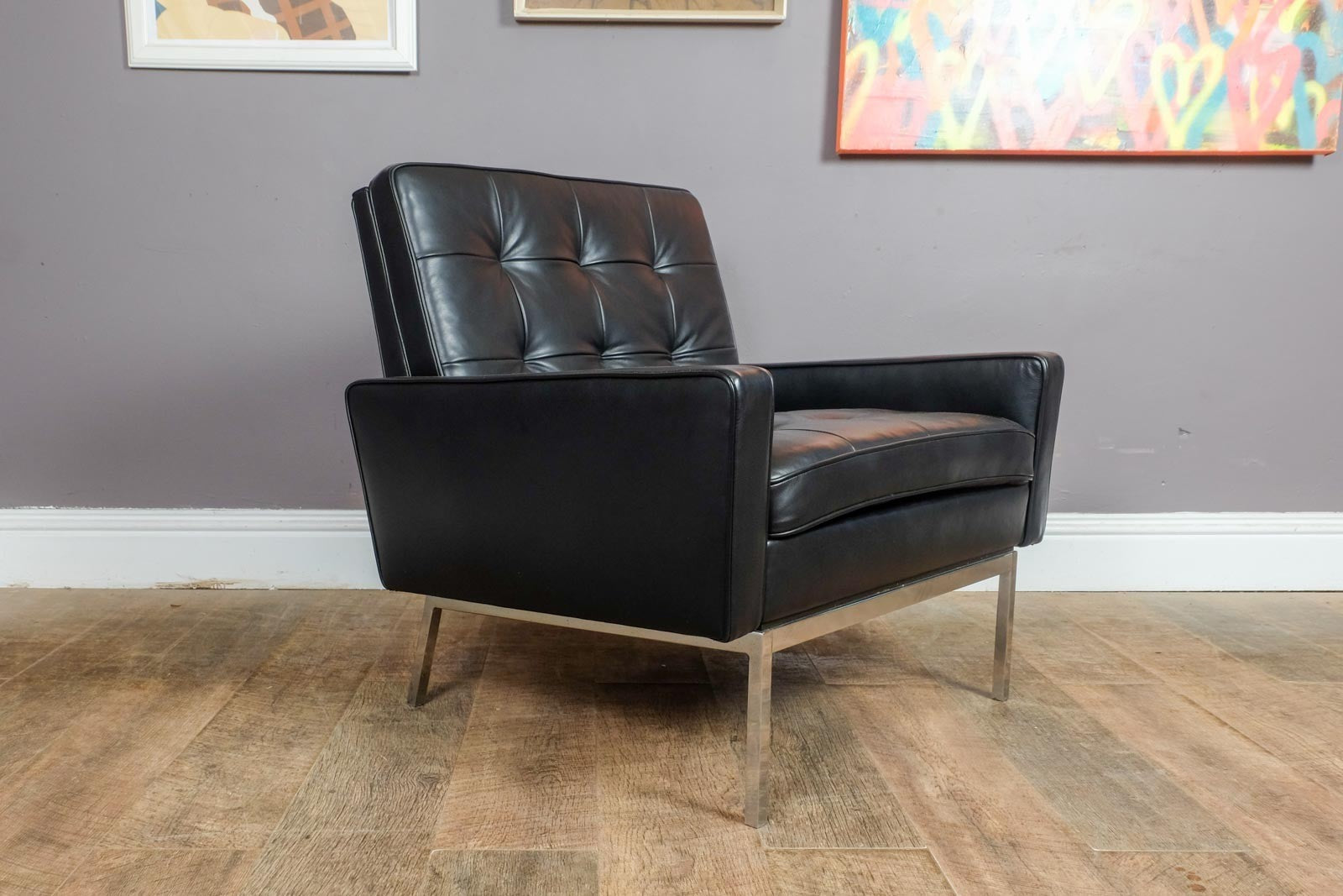 Pair of Florence Knoll Black Leather Lounge chairs model 65A
