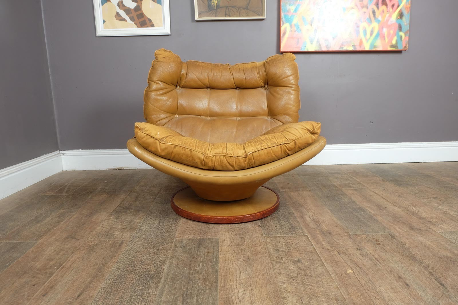 Vintage Retro Mid Century Distressed Leather Swivel Armchair