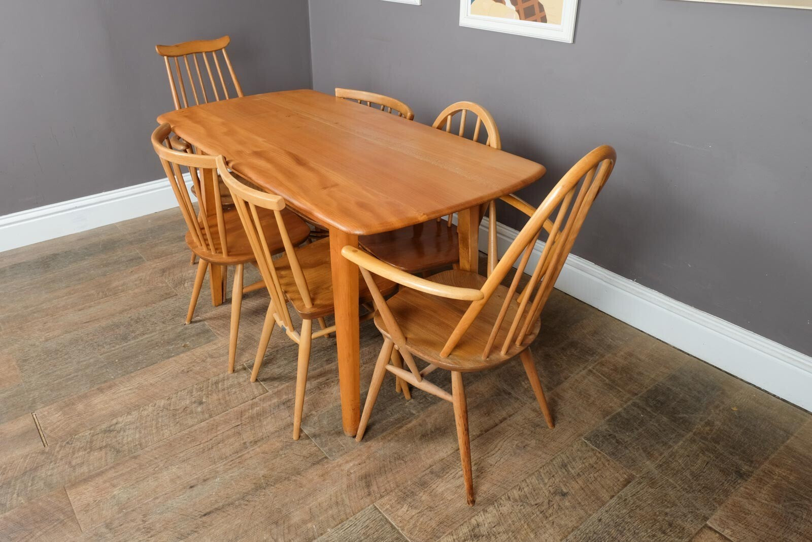 Vintage Retro Light Elm Dining Table and 6 Ercol Chairs