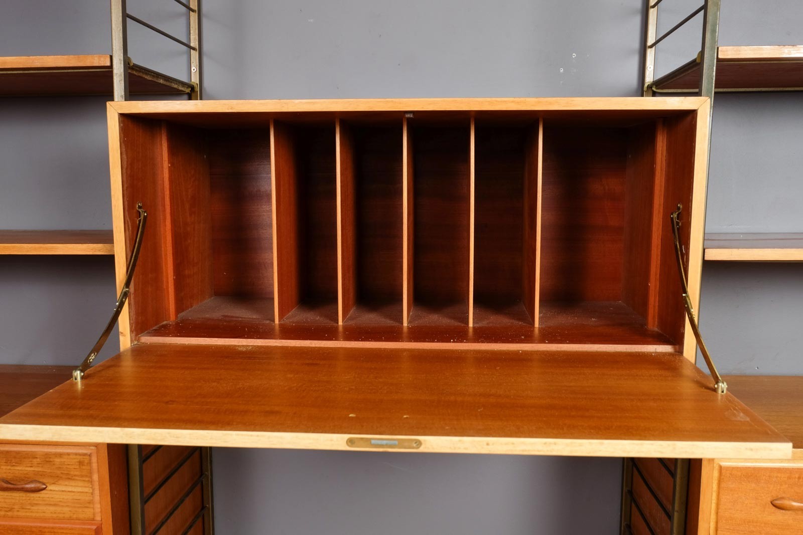 3 Bays Mid Century Modern Ladderax Shelving System with Gold Ladders