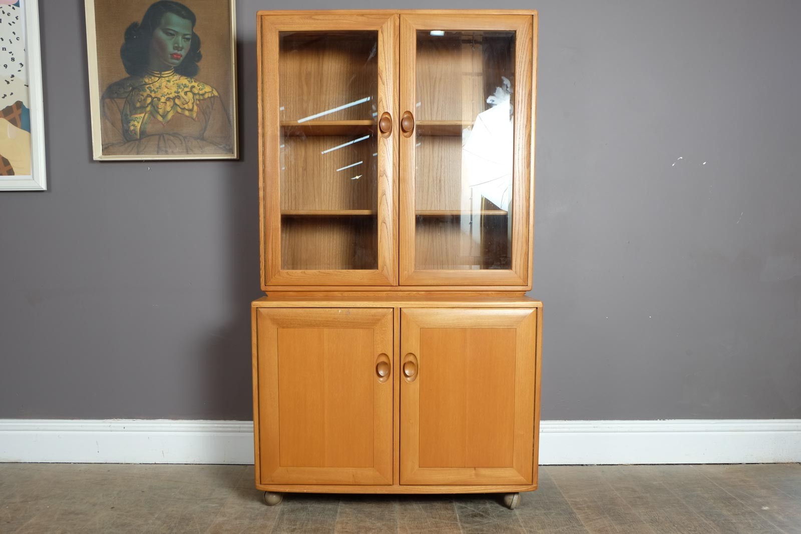Vintage Ercol Light Elm Display Cabinet Sideboard Wall Unit