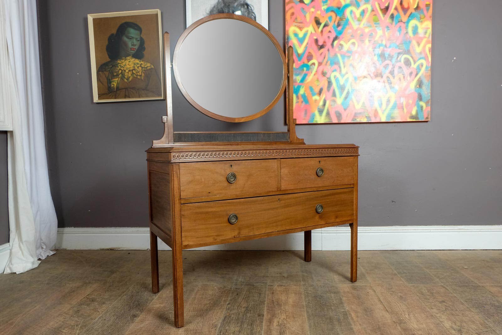 Vintage Oak Dressing Table with Oval Mirror