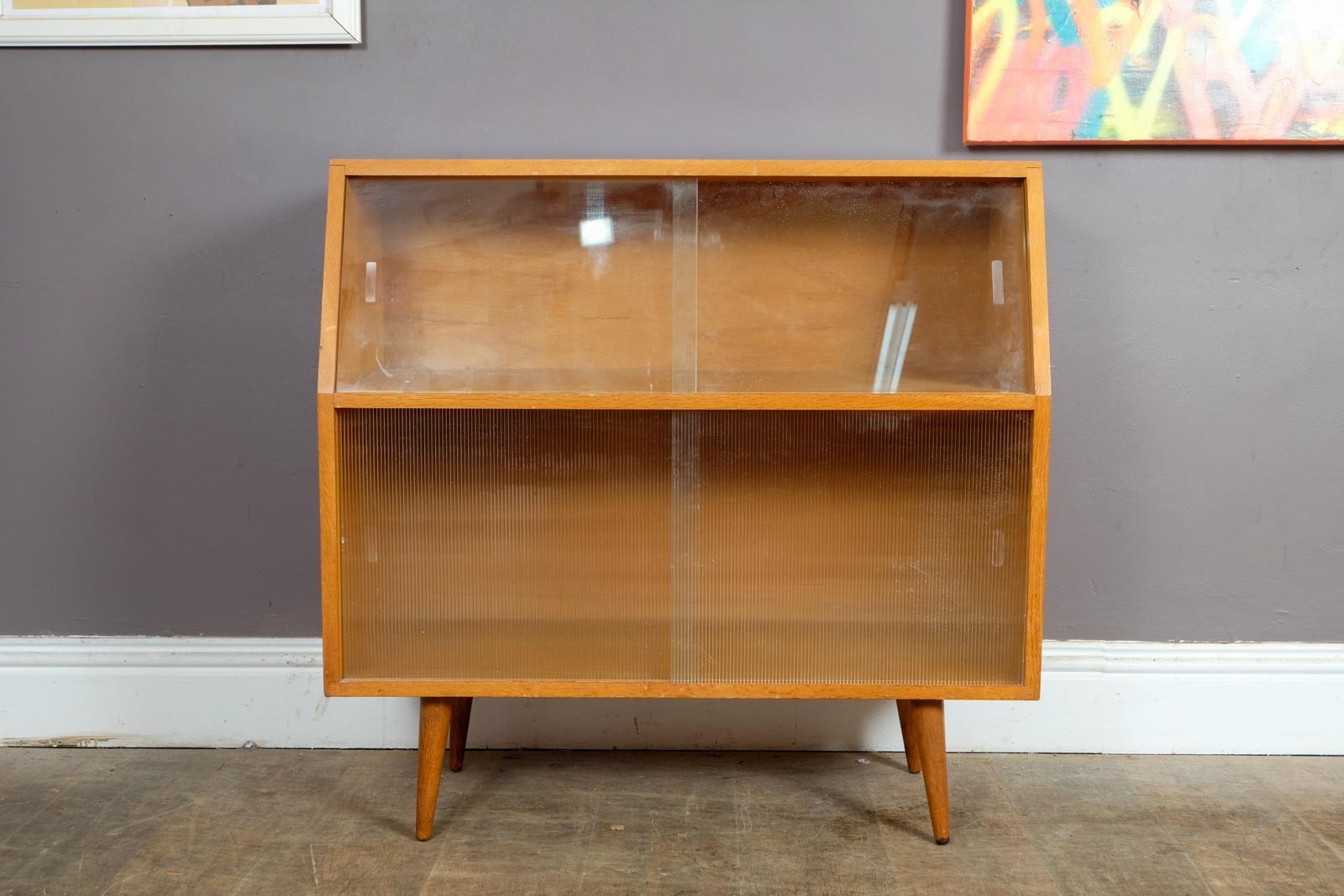 Vintage Mid Century Light Oak Record Cabinet