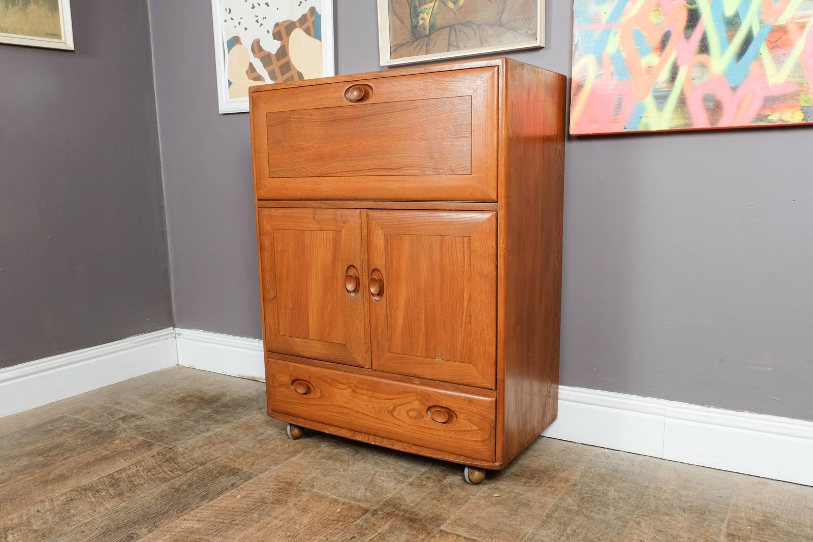 Vintage Ercol Model 469 Elm Bureau Serving Cabinet Drinks Cabinet Light Elm