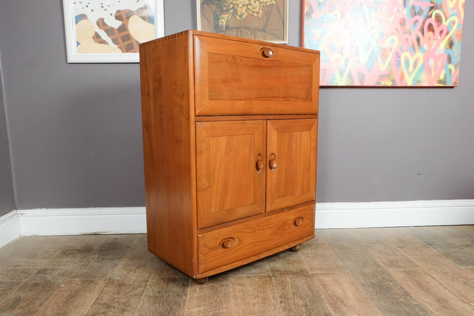 Vintage Ercol Model 469 Elm Bureau Serving Cabinet Drinks Cabinet Light Elm
