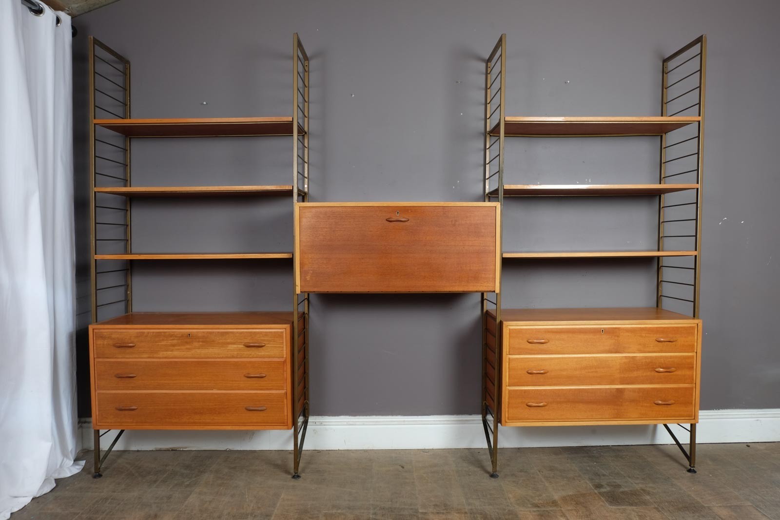 3 Bays Mid Century Modern Ladderax Shelving System with Gold Ladders