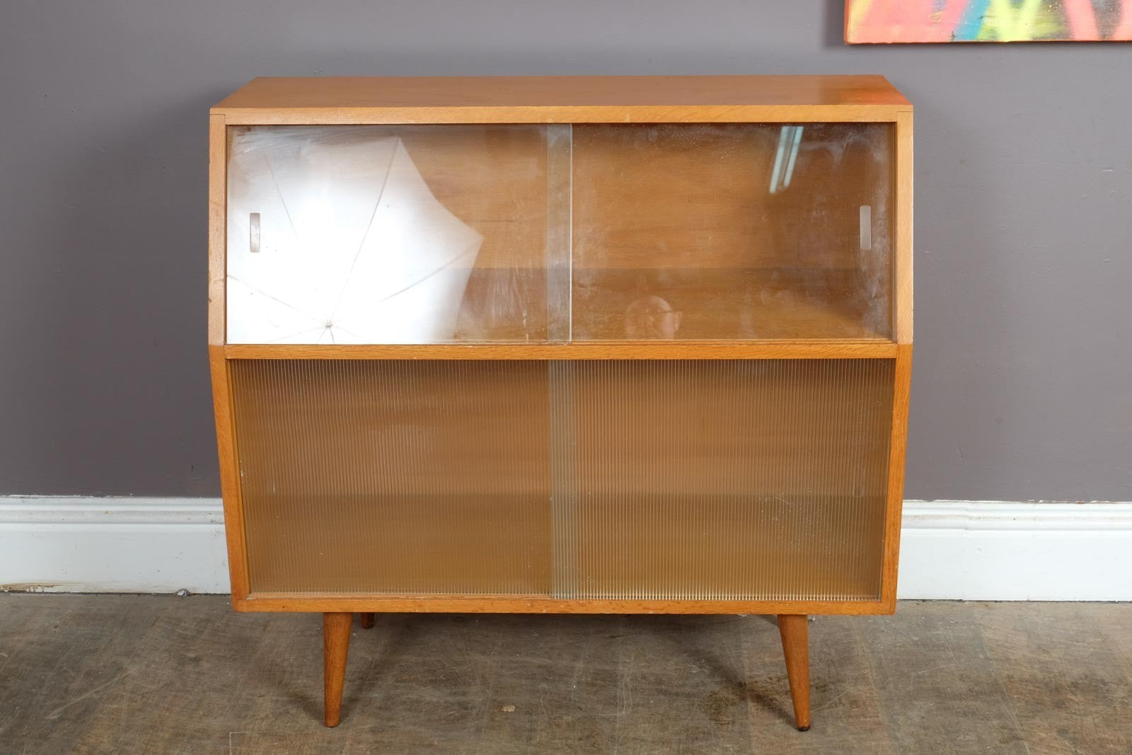 Vintage Mid Century Light Oak Record Cabinet