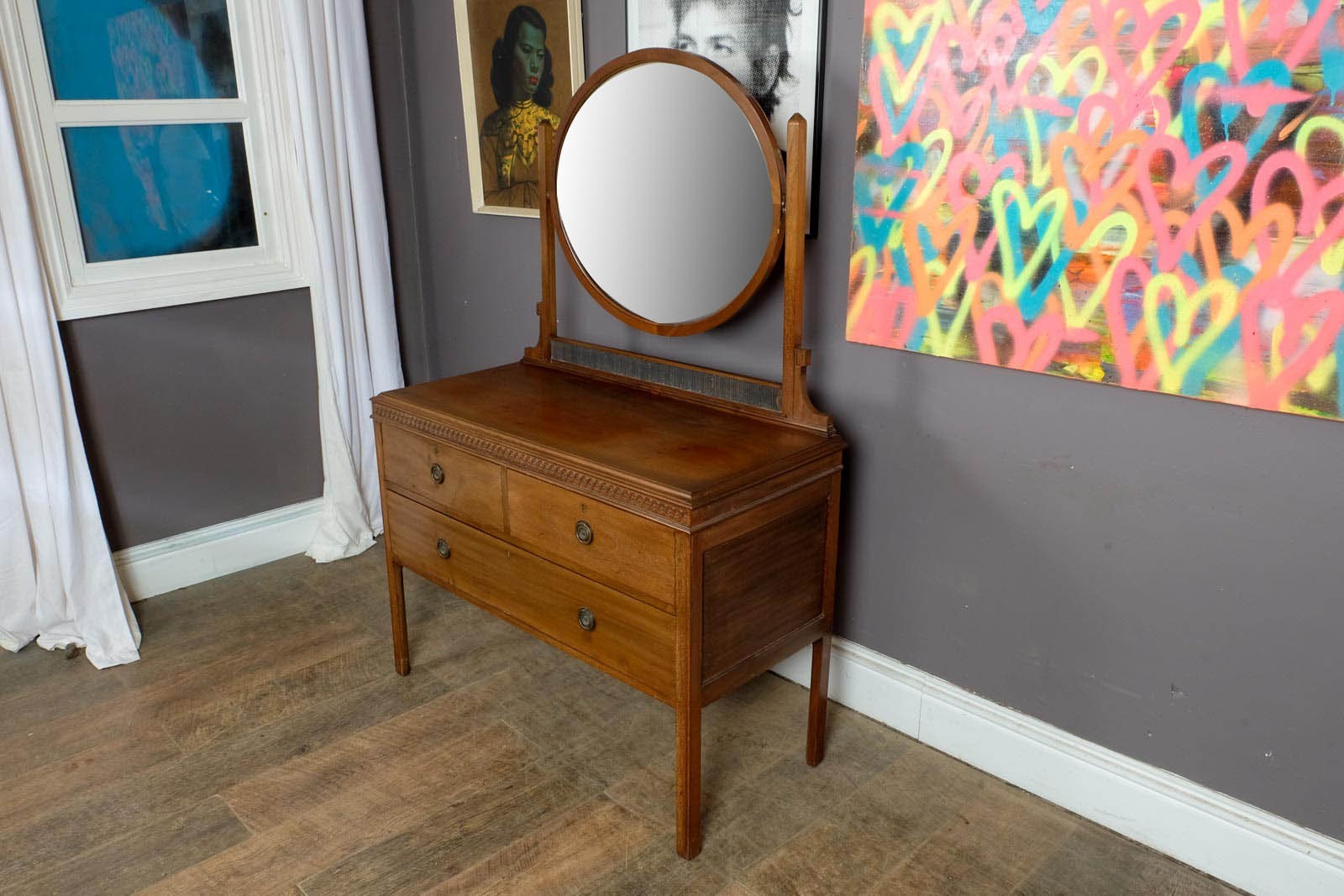 Vintage Oak Dressing Table with Oval Mirror