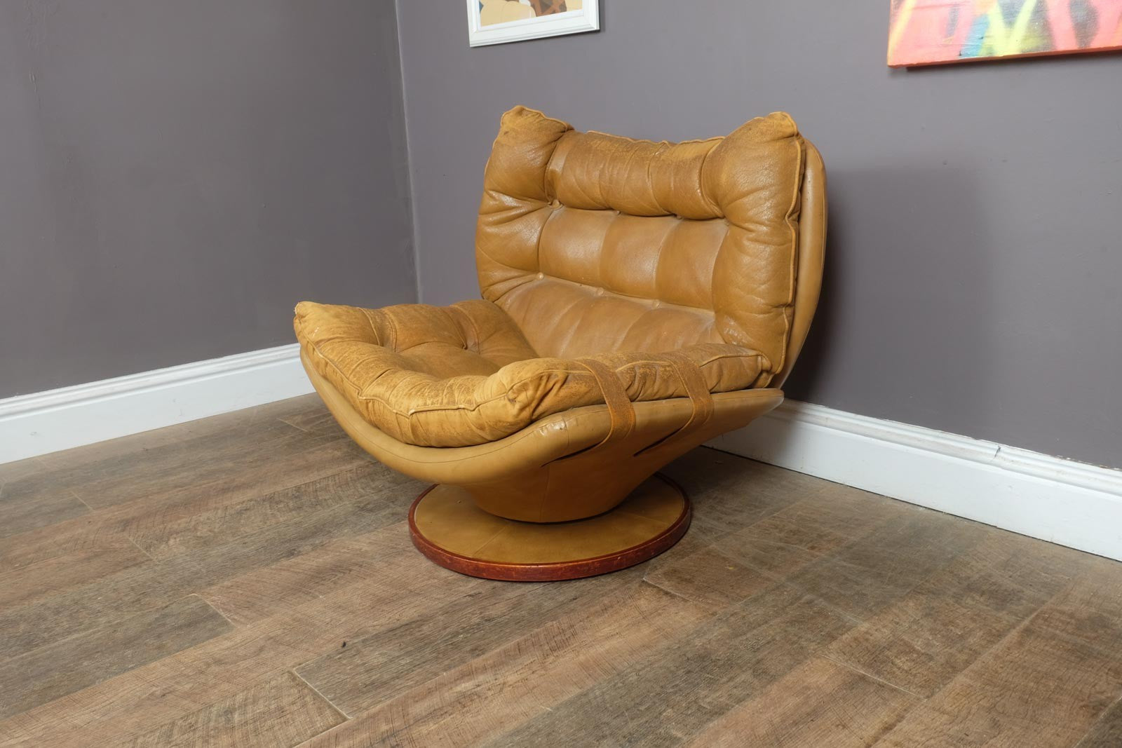 Vintage Retro Mid Century Distressed Leather Swivel Armchair