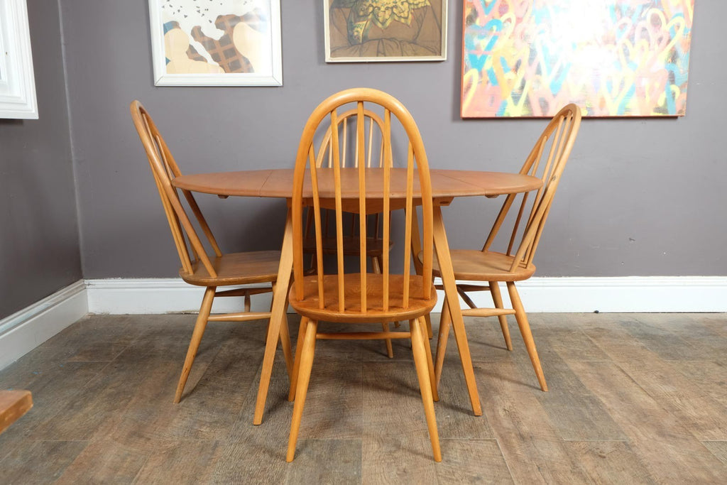 Vintage Retro Ercol Light Elm Drop Leaf Dining Table and 4 Quaker Chairs