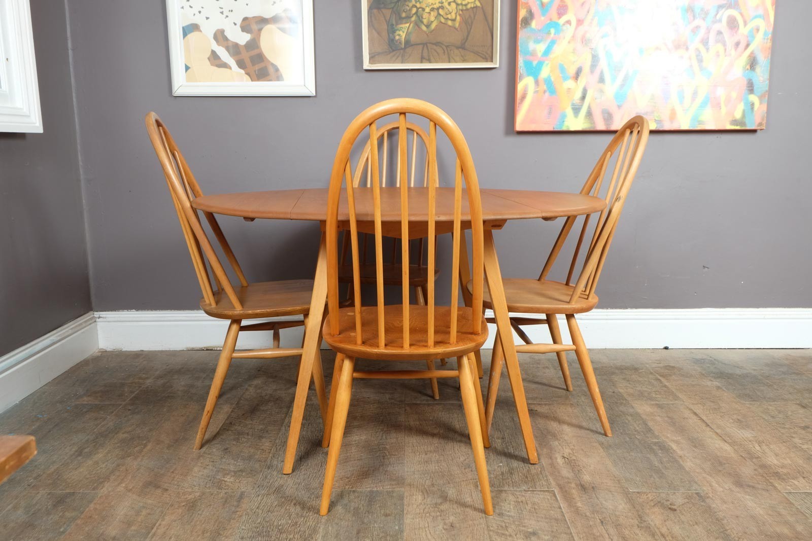 Vintage Retro Ercol Light Elm Drop Leaf Dining Table and 4 Quaker Chairs