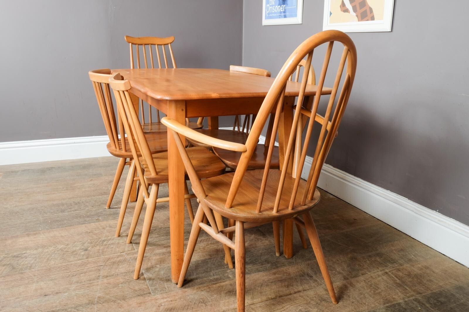 Vintage Retro Light Elm Dining Table and 6 Ercol Chairs