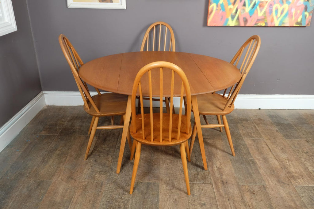 Vintage Retro Ercol Light Elm Drop Leaf Dining Table and 4 Quaker Chairs