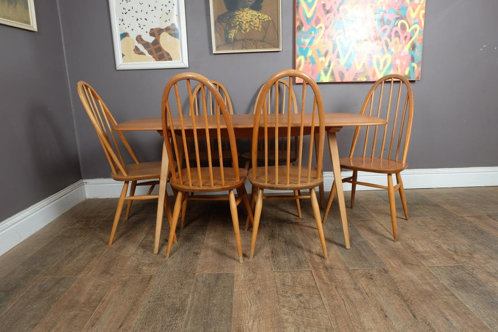 Vintage Retro Ercol Light Elm Plank Dining Table and 6 Quaker Chairs