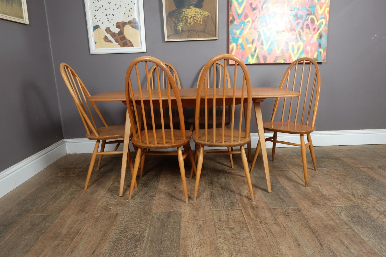 Vintage Retro Ercol Light Elm Plank Dining Table and 6 Quaker Chairs