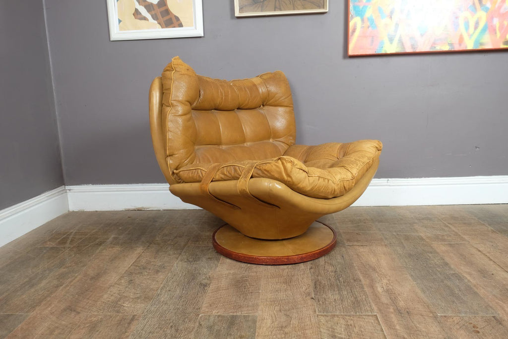 Vintage Retro Mid Century Distressed Leather Swivel Armchair