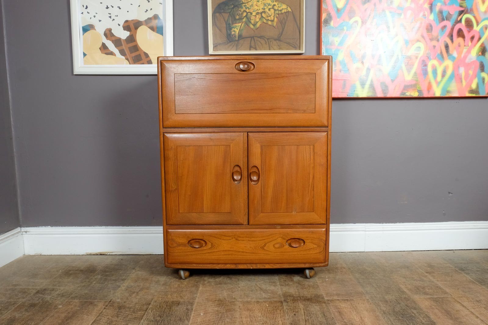 Vintage Ercol Model 469 Elm Bureau Serving Cabinet Drinks Cabinet Light Elm