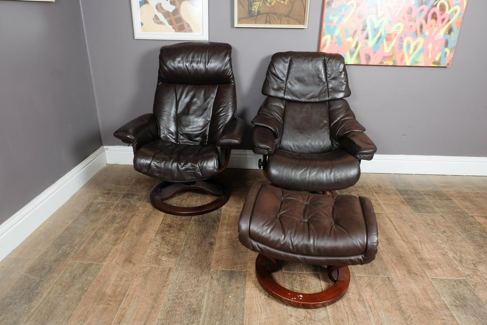 Vintage Retro Dark Brown Leather Stress Less Reclining Armchair and Footstool