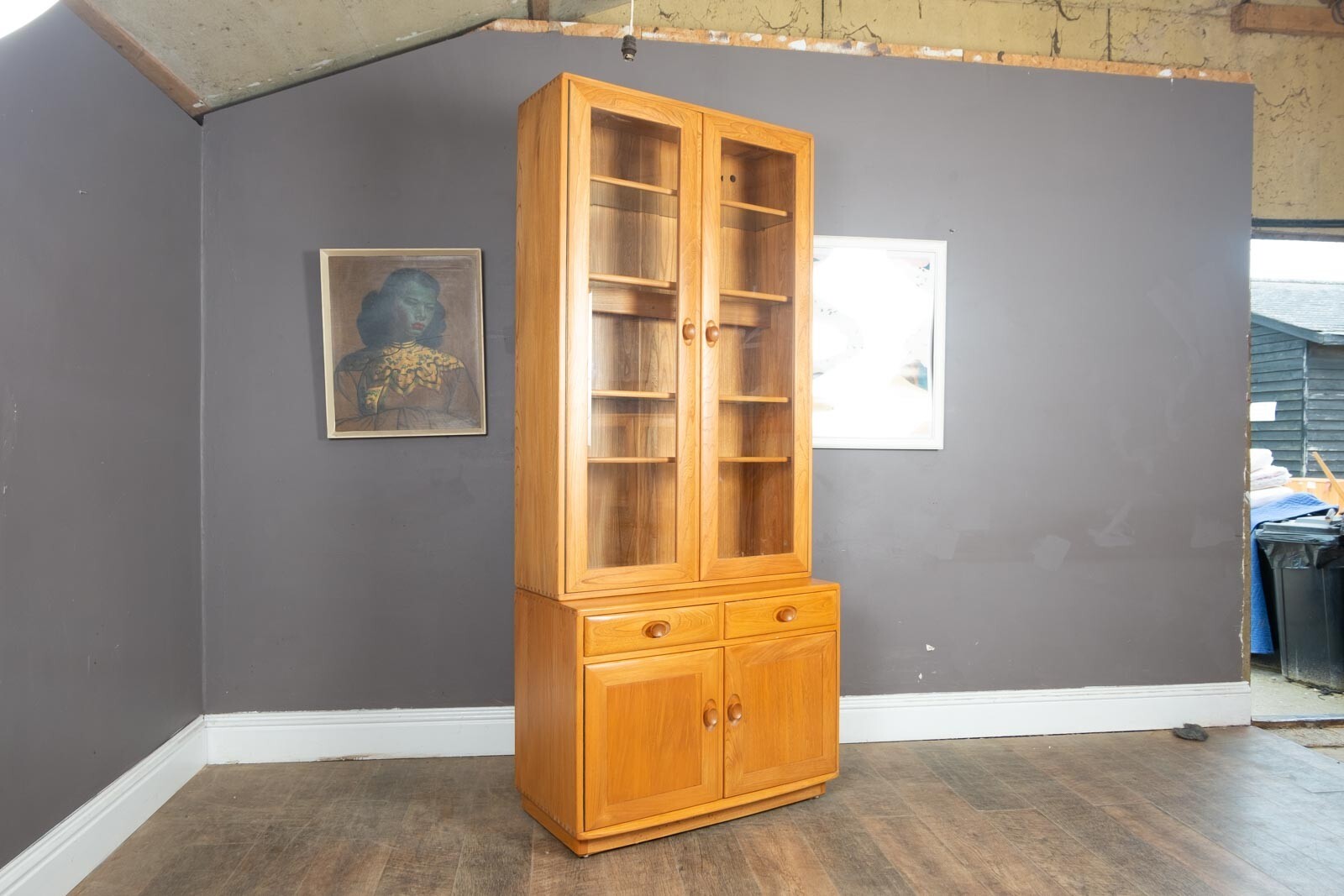 Vintage Ercol Light Elm 2 Part Wall Unit
