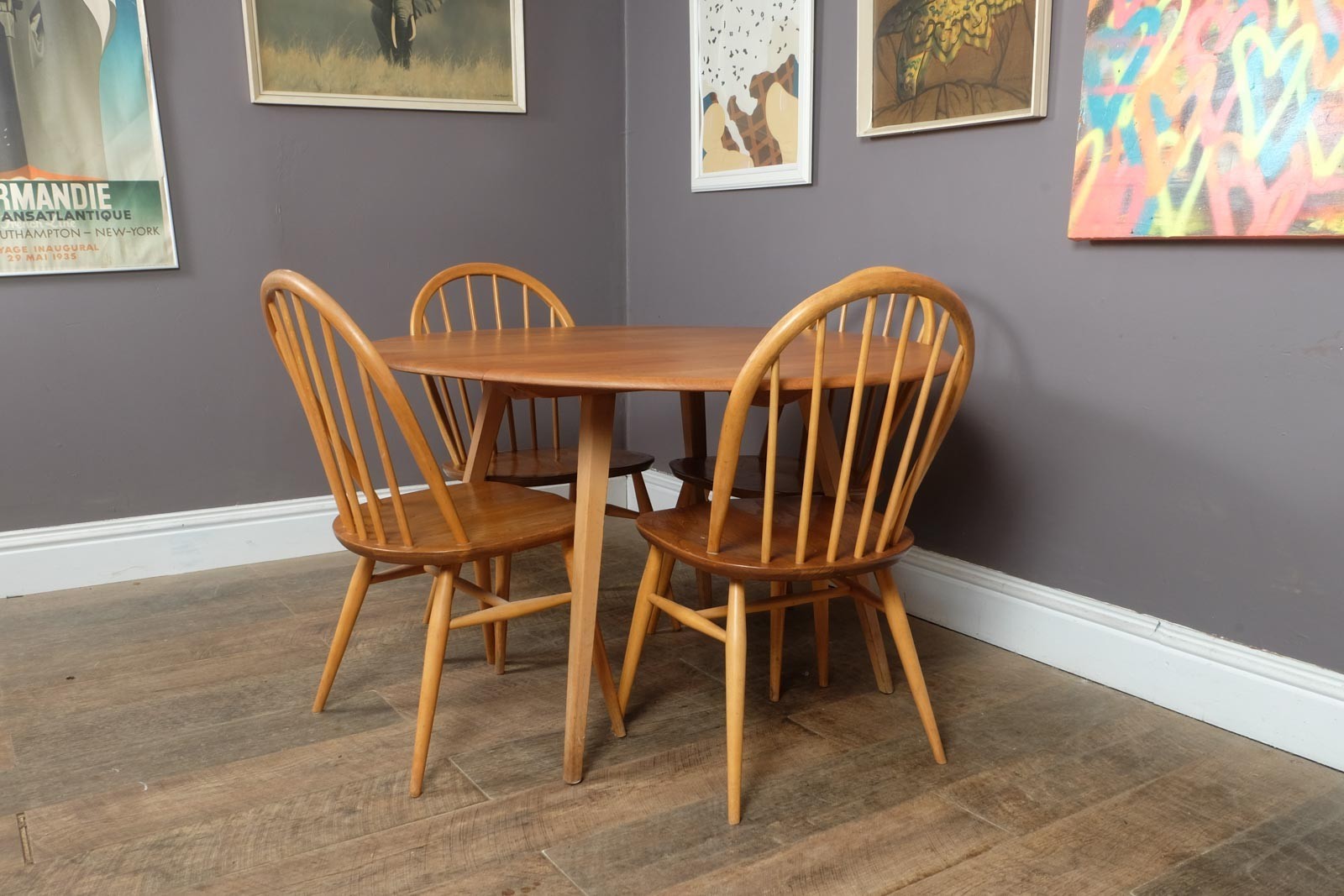 Vintage RetroErcol Light Elm Drop Leaf Table and 4 Windsor Chairs
