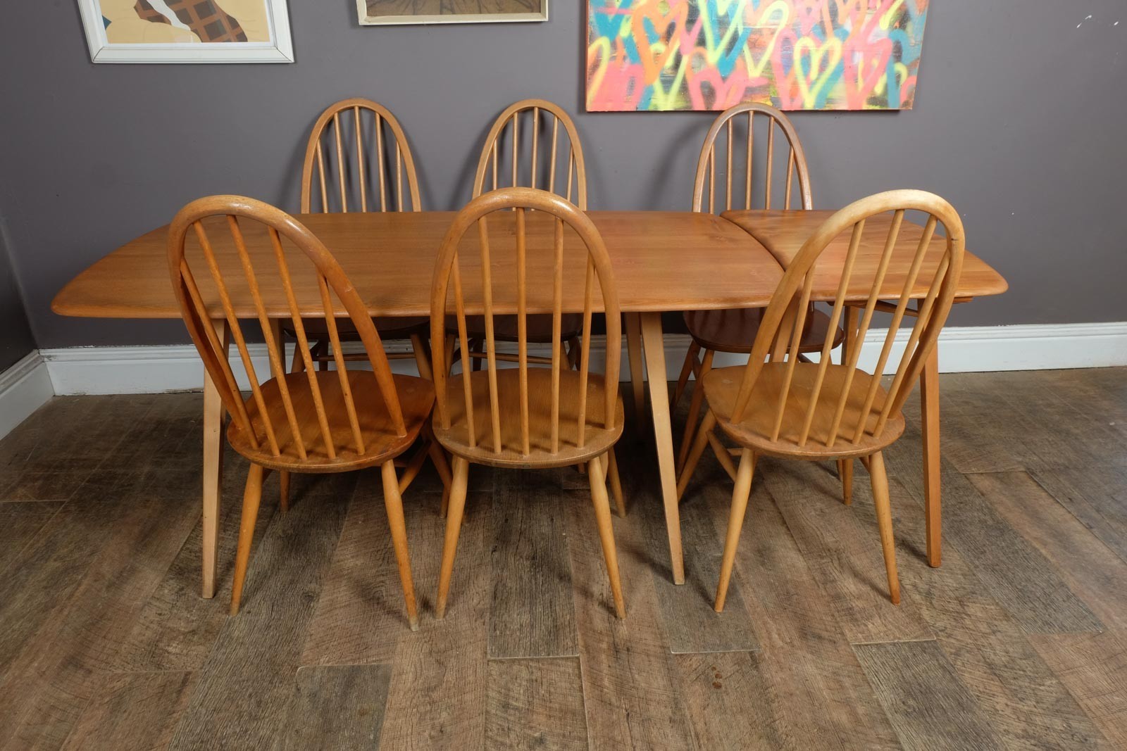 Vintage Retro Ercol Light Elm Plank Dining Table and 6 Quaker Chairs