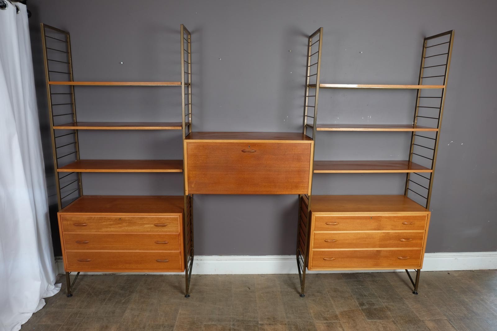 3 Bays Mid Century Modern Ladderax Shelving System with Gold Ladders