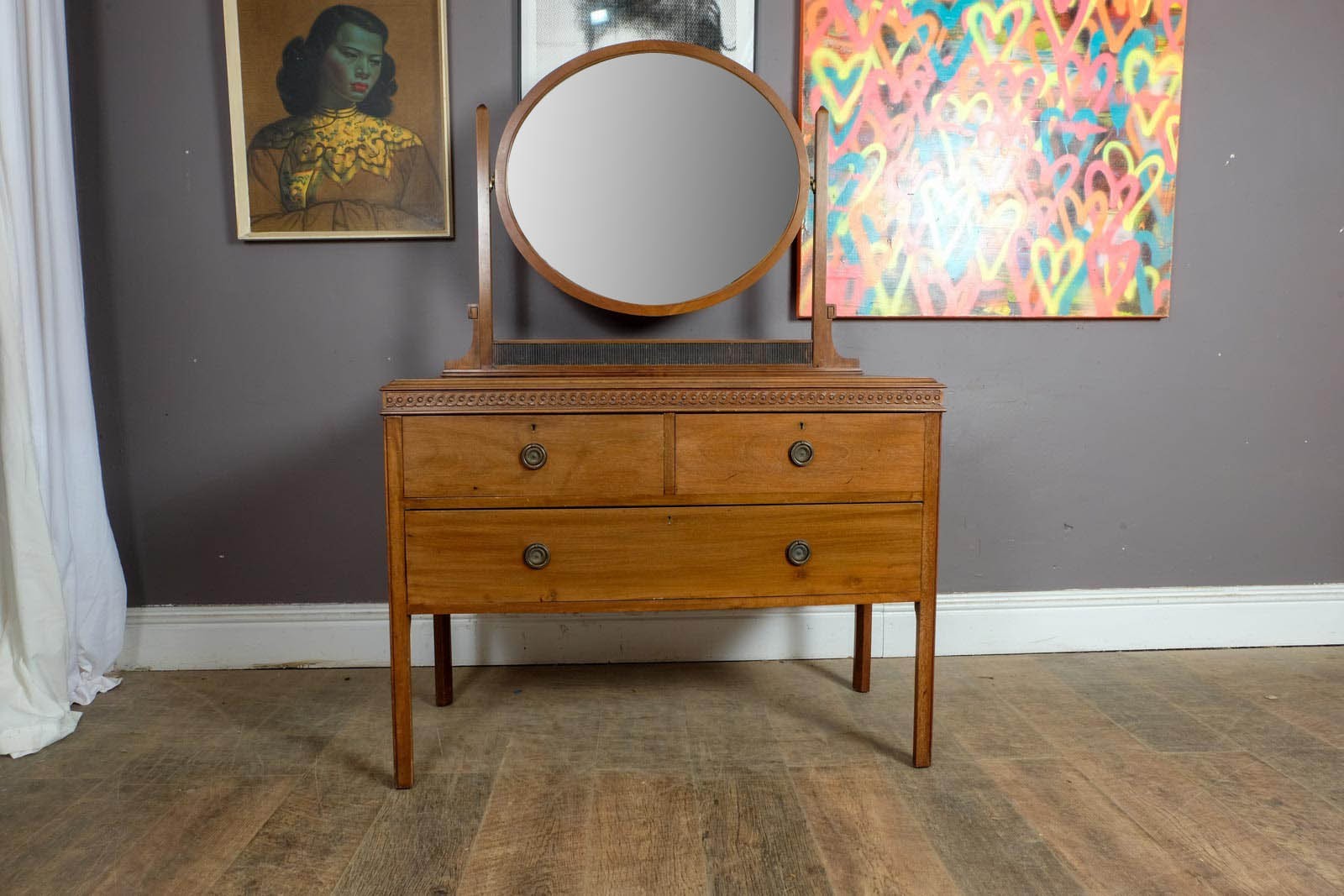 Vintage Oak Dressing Table with Oval Mirror