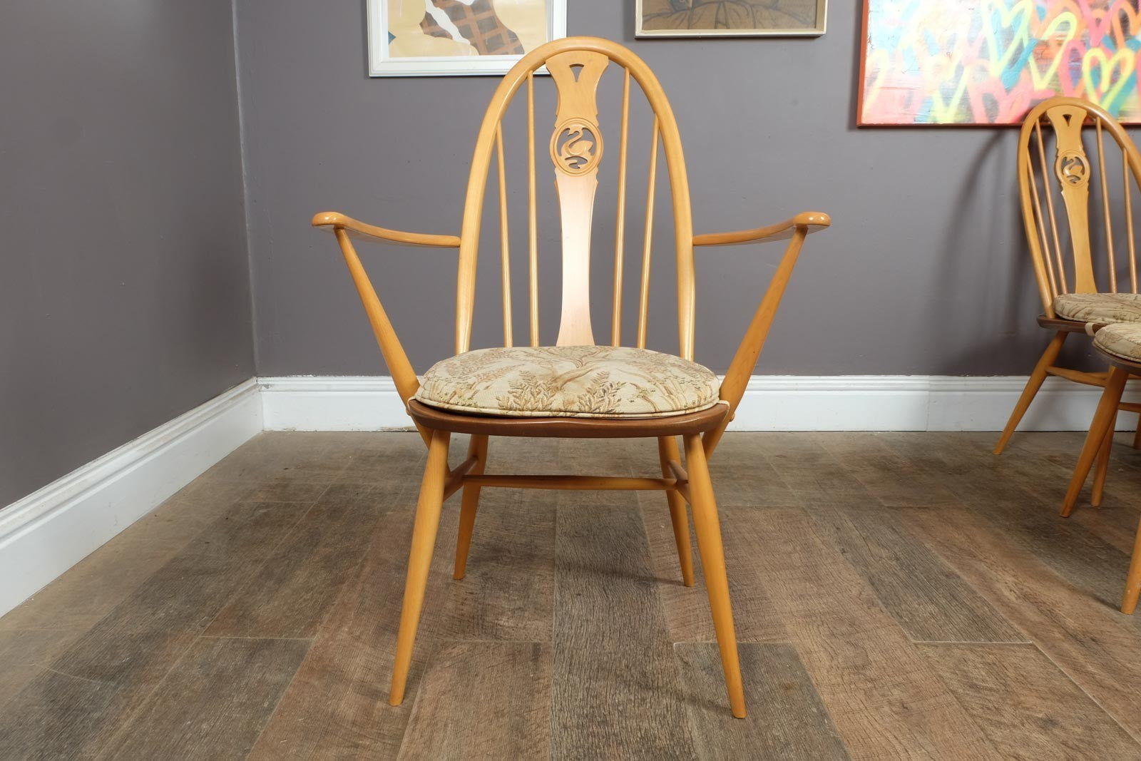 Vintage Ercol Light Elm Oval Southwold DIning Table and 6 Swan Back Chairs