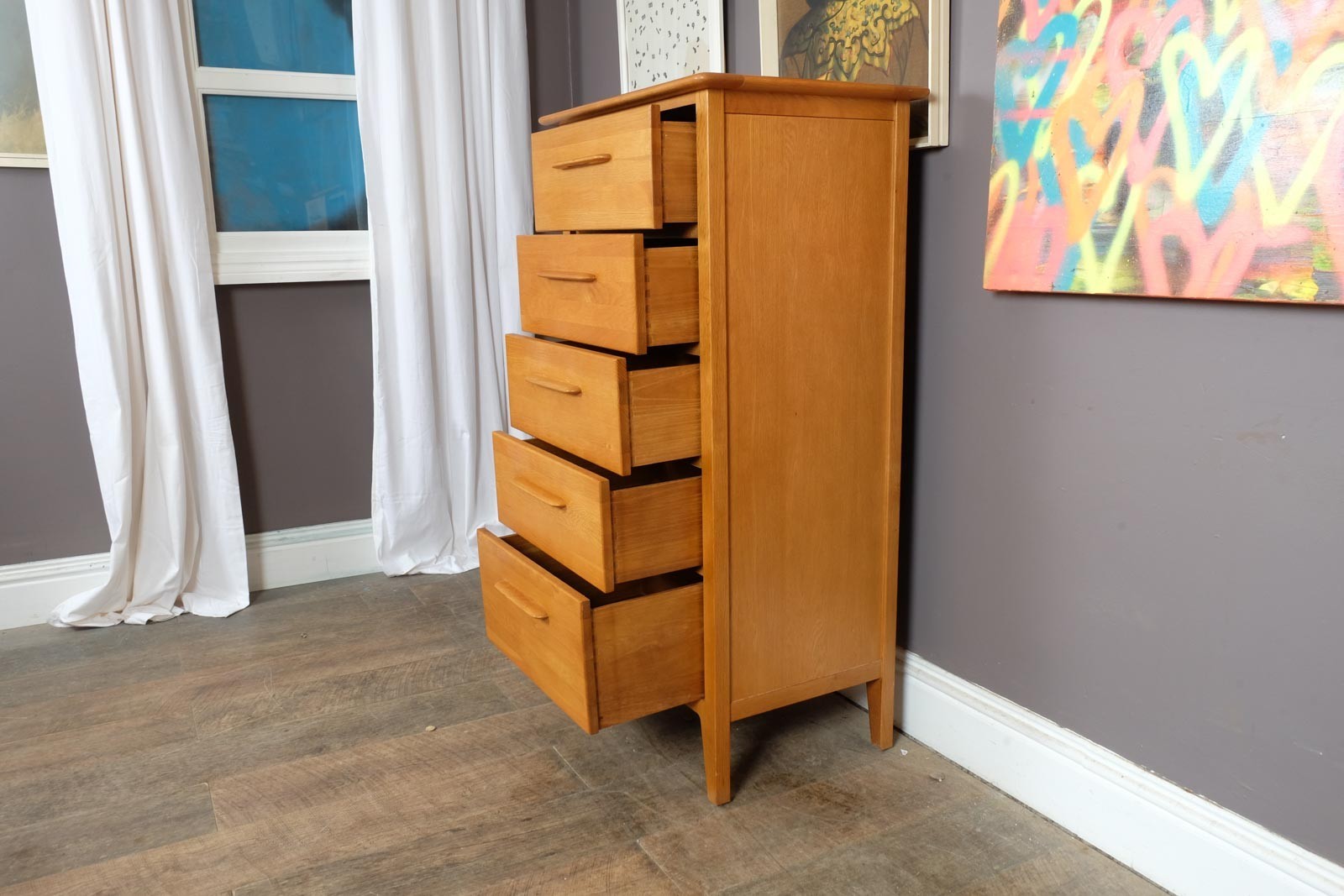 Vintage Light Wood Tall Chest of Drawers