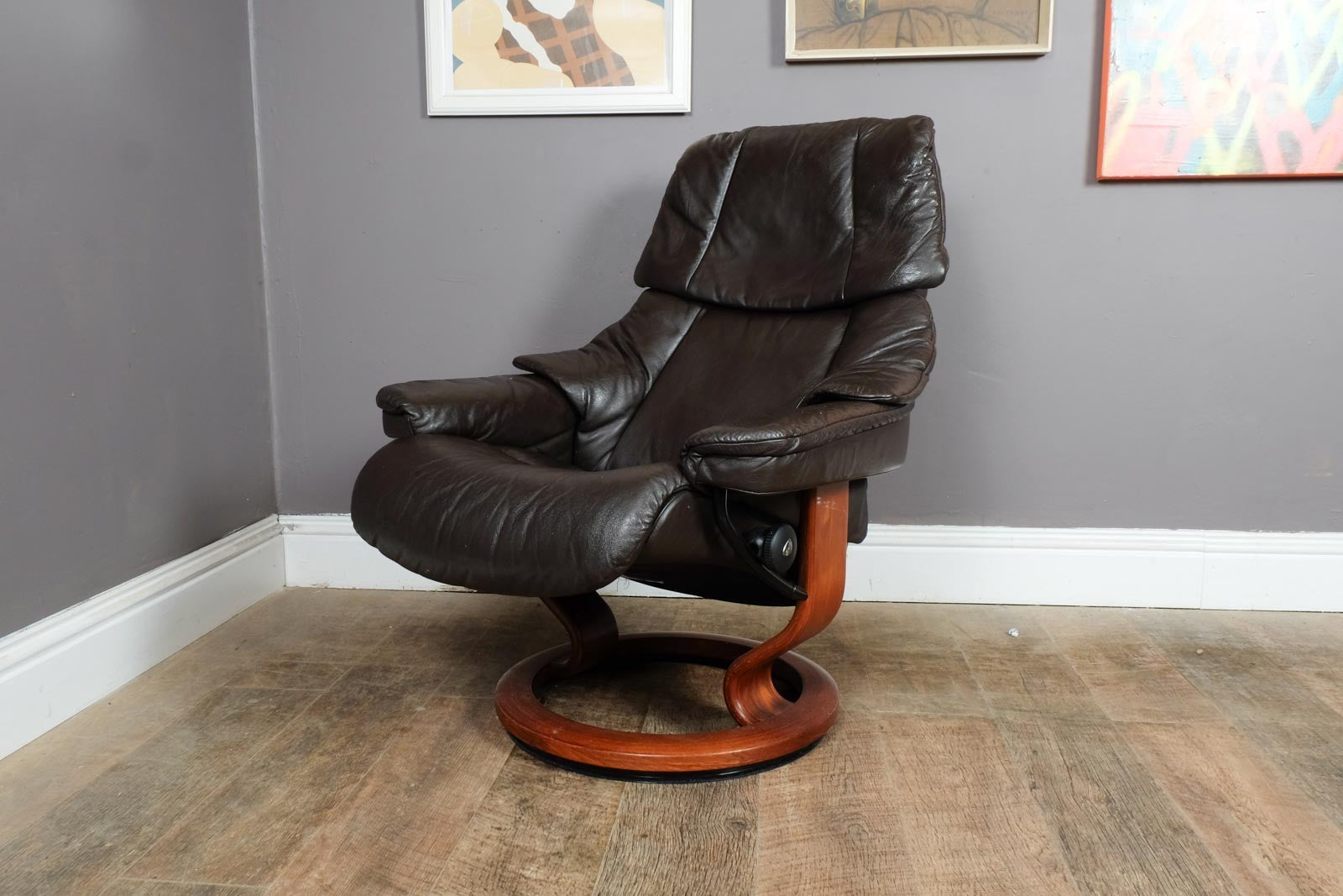 Vintage Retro Dark Brown Leather Stress Less Reclining Armchair and Footstool