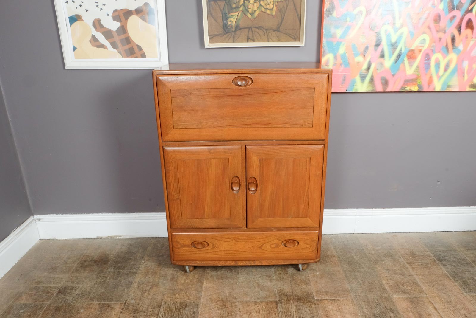 Vintage Ercol Model 469 Elm Bureau Serving Cabinet Drinks Cabinet Light Elm