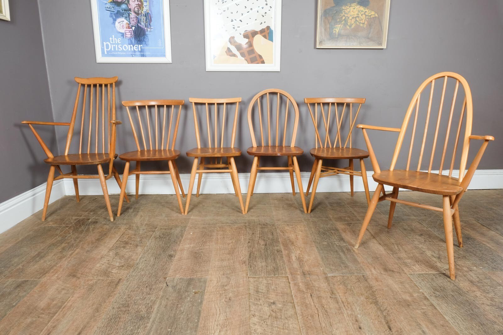 Vintage Retro Light Elm Dining Table and 6 Ercol Chairs