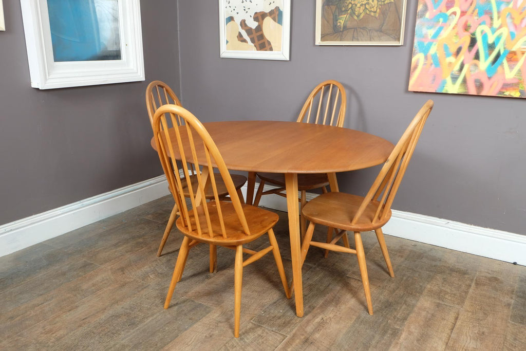 Vintage Retro Ercol Light Elm Drop Leaf Dining Table and 4 Quaker Chairs
