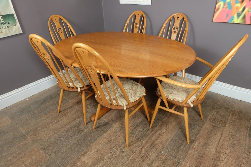 Vintage Ercol Light Elm Oval Southwold DIning Table and 6 Swan Back Chairs