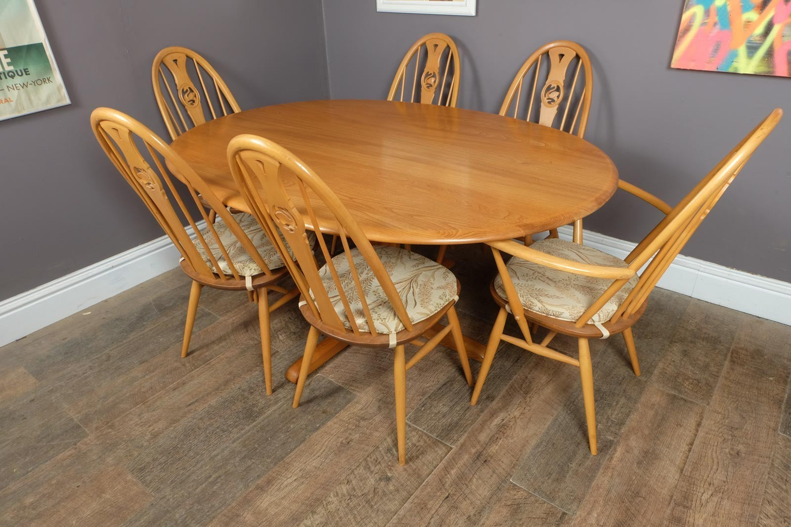 Vintage Ercol Light Elm Oval Southwold DIning Table and 6 Swan Back Chairs