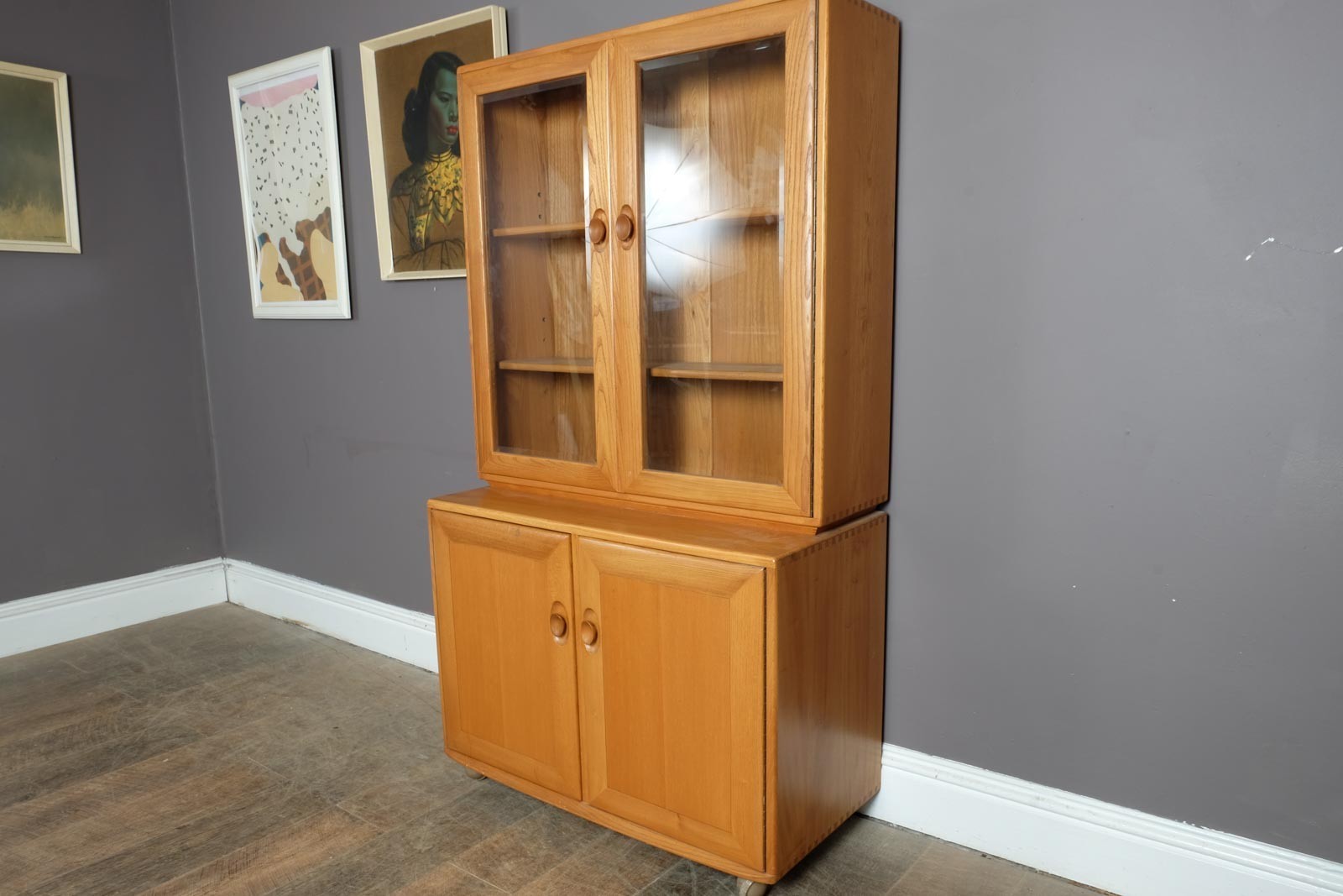 Vintage Ercol Light Elm Display Cabinet Sideboard Wall Unit