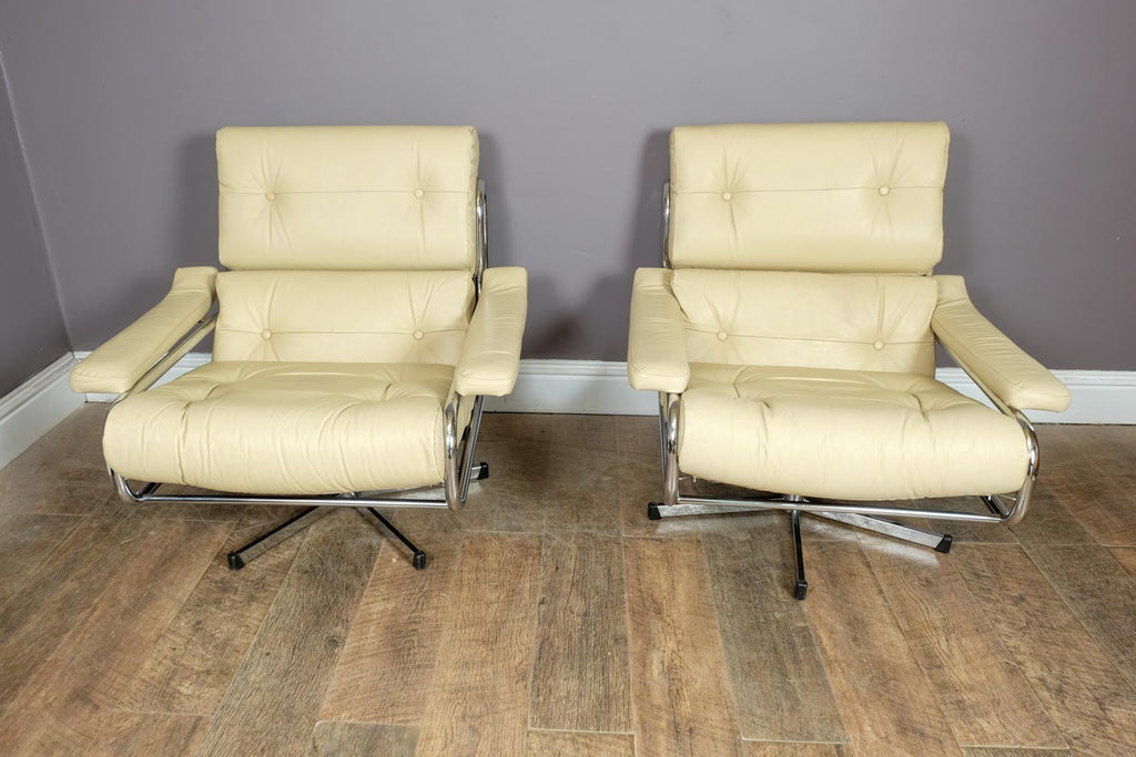 Vintage Retro Pair of Pieff Alpha Swivel Armchairs Cream Leather